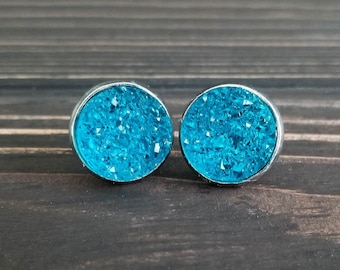 Light Jelly Blue Druzy Earrings (12mm) | Blue Stone Earrings | Hypoallergenic Raw Gemstone Earrings | Sparkly Boho Jewelry