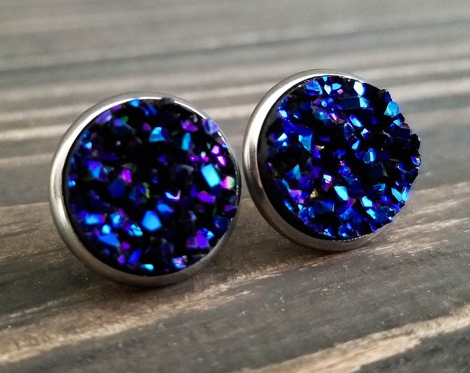 Dark Titanium Ink Blue Druzy Earrings (12mm)