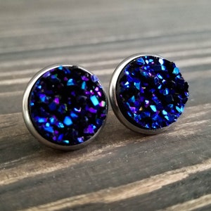 Dark Blue Druzy Earrings (12mm), Hypoallergenic Stone Stud Earrings, Something Blue, Bridesmaid Earrings, September Birthstone