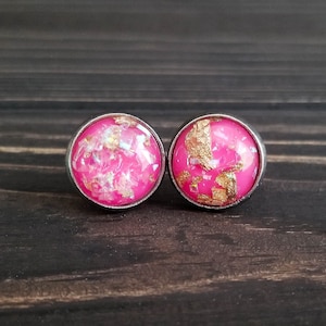 Golden Pink Galaxy Earrings (12mm) - Hypoallergenic Gold Foil Stud Earrings - Space Earrings - Universe Galaxy - Pink Milky Way Earrings