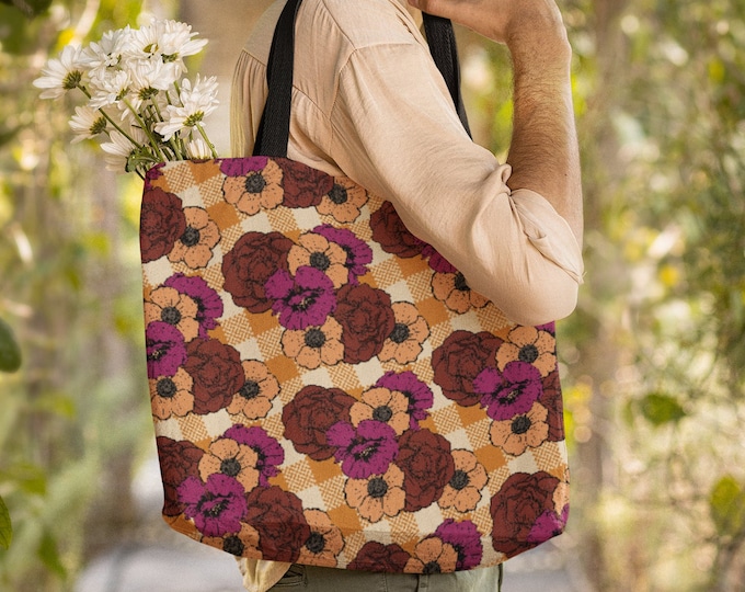 Poppy Print Tote Bag | Forestcore Floral Tote Bag | 70s Gingham Check Botanical Tote Bag | Fall Farmers Market Bag