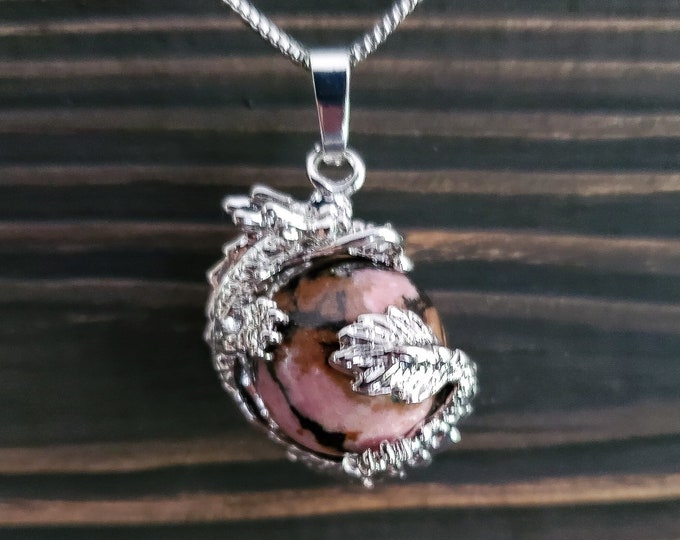 Mythical Pink Rhodochrosite Dragon Necklace