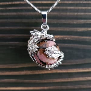 Mythical Pink Rhodochrosite Dragon Necklace - Hypoallergenic Pink Gemstone Fantasy Jewelry - Pink Crystal Stone Dragon Necklace