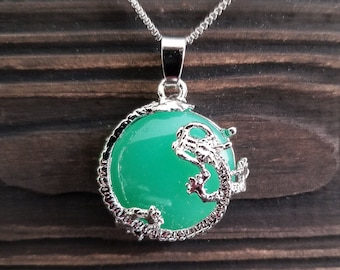 Mythical Green Agate Dragon Necklace - Green Gemstone Fantasy Jewelry - Dungeons and Dragons Crystal Healing Pendant