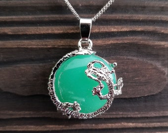 Mythical Green Agate Dragon Necklace - Green Gemstone Fantasy Jewelry - Dungeons and Dragons Crystal Healing Pendant