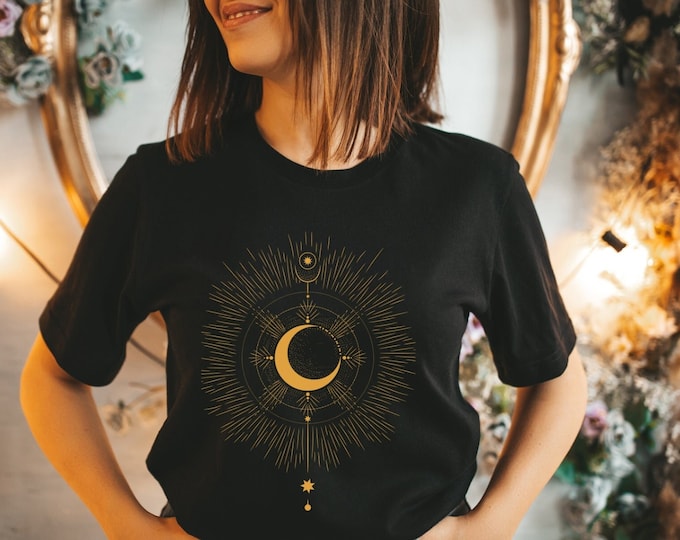 Celestial Mystical Astrology Shirt | Boho Sun & Moon Hippie T-Shirt | Witchy Aesthetic Tee | Plus Size Crystal Zodiac Tee