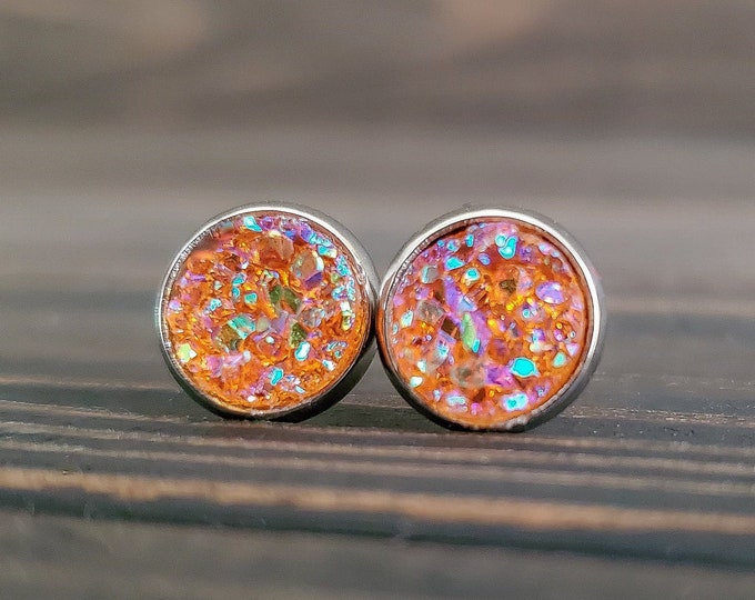 Small Orange Druzy Earrings (8mm)
