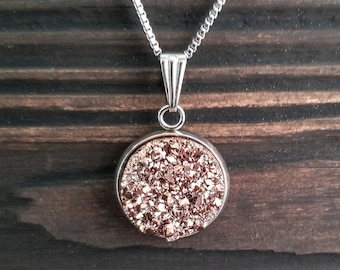 Small Titanium Rose Gold Druzy Necklace (12mm) | Layering Crystal Necklace | Hypoallergenic Necklace | Gemstone Geode Pendant Necklace