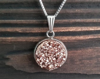 Small Titanium Rose Gold Druzy Necklace (12mm) | Layering Crystal Necklace | Hypoallergenic Necklace | Gemstone Geode Pendant Necklace