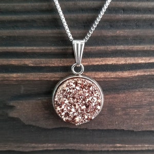 Small Titanium Rose Gold Druzy Necklace (12mm) | Layering Crystal Necklace | Hypoallergenic Necklace | Gemstone Geode Pendant Necklace