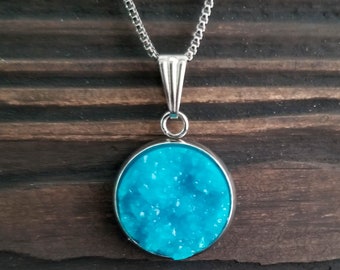 Blue Titanium Druzy Necklace (16mm) | Layering Crystal Necklace | Hypoallergenic Necklace | Gemstone Geode Pendant Necklace