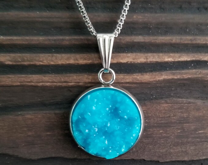 Blue Titanium Druzy Necklace (16mm) | Layering Crystal Necklace | Hypoallergenic Necklace | Gemstone Geode Pendant Necklace