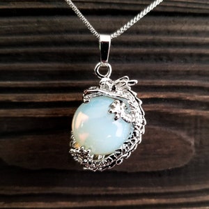 Mythical Opalite Dragon Necklace - Hypoallergenic Opal Crystal Gemstone Fantasy Jewelry - Opalite Dragon Necklace