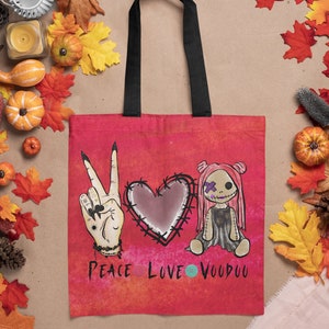 Red Voodoo Doll Tote Bag | Gothic Tote Bag | Spooky Witchy Canvas Bag | Halloween Tote Bag | Trick or Treat Candy Bag