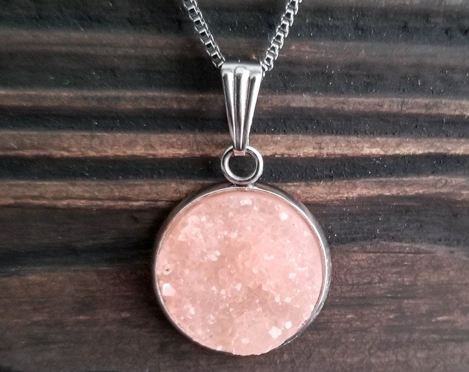 Rose Pink Titanium Druzy Necklace (16mm) | Layering Crystal Necklace | Hypoallergenic Necklace | Gemstone Geode Pendant Necklace