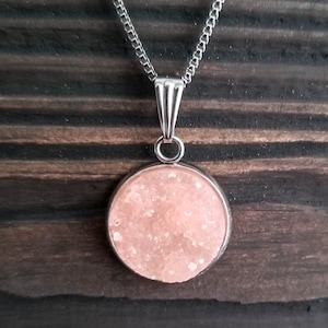 Rose Pink Titanium Druzy Necklace (16mm) | Layering Crystal Necklace | Hypoallergenic Necklace | Gemstone Geode Pendant Necklace