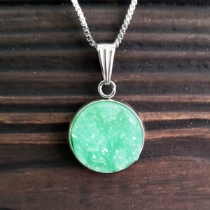 Mint Green Titanium Druzy Necklace (16mm) | Layering Crystal Necklace | Hypoallergenic Necklace | Gemstone Geode Pendant Necklace