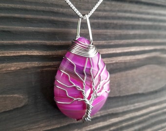 Striped Pink Wire Wrapped Tree of Life Necklace