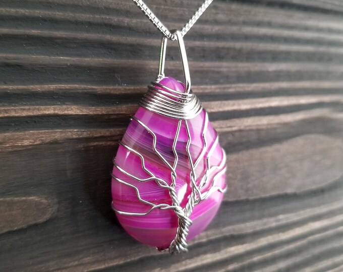 Striped Pink Wire Wrapped Tree of Life Necklace