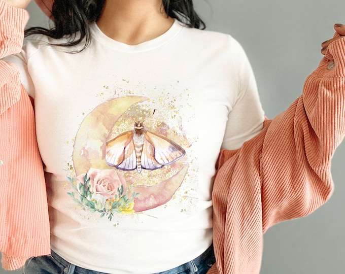 Lunar Moth Shirt | Cottagecore Moon Shirt | Dark Academia Shirt | Celestial Stars | Boho Hippie T-Shirt | Witchy Aesthetic Plus Size Tee