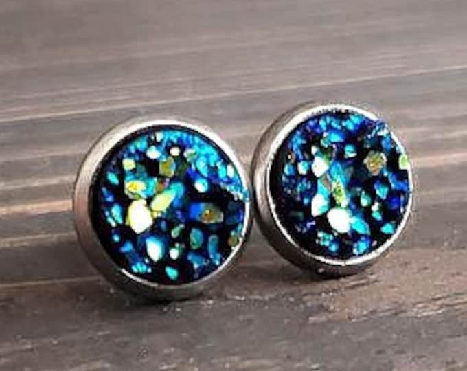 Small Titanium Blue Druzy Earrings (8mm)