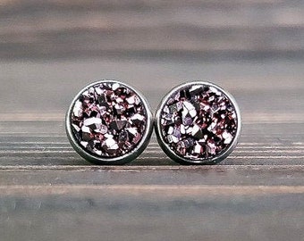 Small Metallic Purple Crystal Druzy Earrings (8mm)
