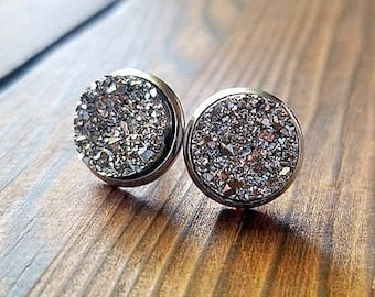 Crushed Silver Druzy Earrings (12mm)