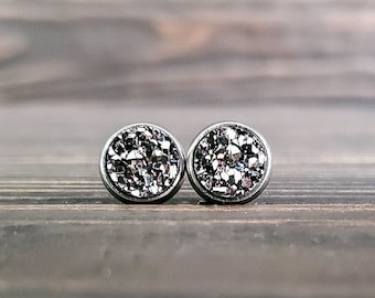 Small Titanium Druzy Earrings (8mm) | Raw Silver Druzy Studs | Stone Crystal Earrings | Gemstone Earrings | Boho Earrings | Gifts for Her