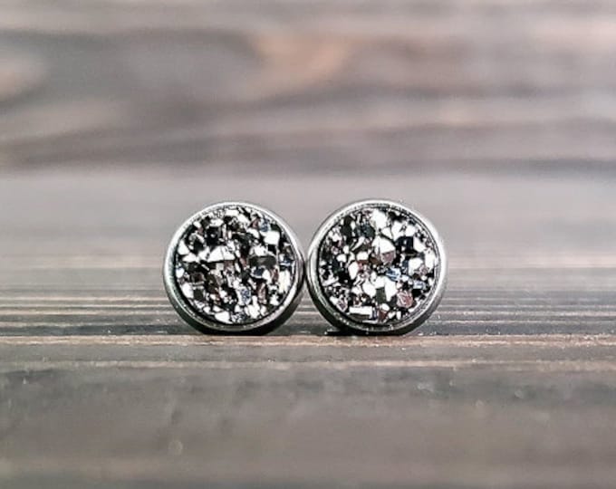 Small Titanium Druzy Earrings (8mm) | Raw Silver Druzy Studs | Stone Crystal Earrings | Gemstone Earrings | Boho Earrings | Gifts for Her