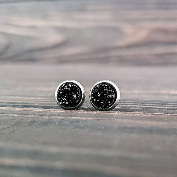 Tiny Black Druzy Earrings (6mm) | Raw Druzy Studs | Black Crystal Gemstone | Black Stone Stud Earrings | Boho Stone Earring | Gifts for Her