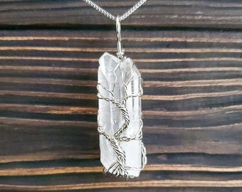 Raw Crystal Quartz Necklace | Family Tree Wire Wrapped Pendant Necklace | Chunky Crystal Gemstone Necklace