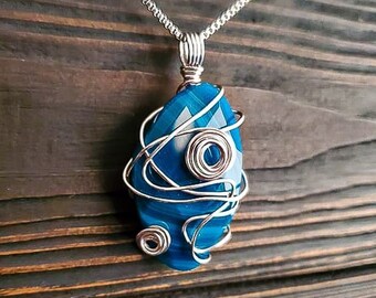Large Blue Agate Necklace | Wire Wrapped Blue Crystal | Faceted Geode Slice | Hypoallergenic | Gemstone Pendant Necklace