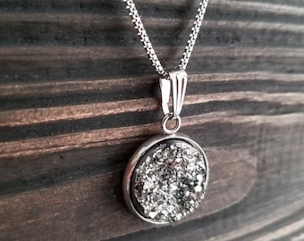 Small Titanium Silver Druzy Necklace (12mm)