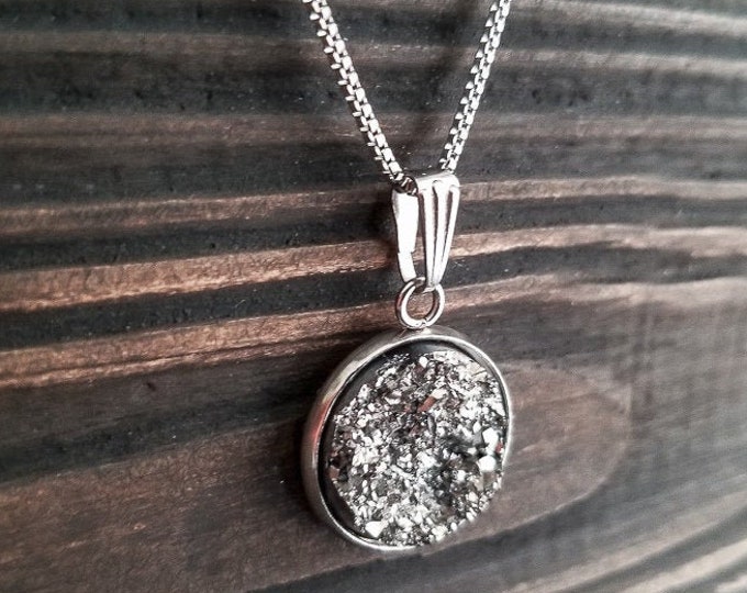 Small Titanium Silver Druzy Necklace (12mm)