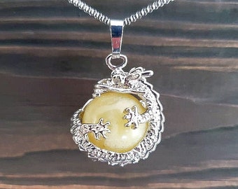 Mythical Yellow Jade Dragon Necklace | Hypoallergenic Yellow Jade Gemstone Fantasy Jewelry | Yellow Jade Dragon Necklace