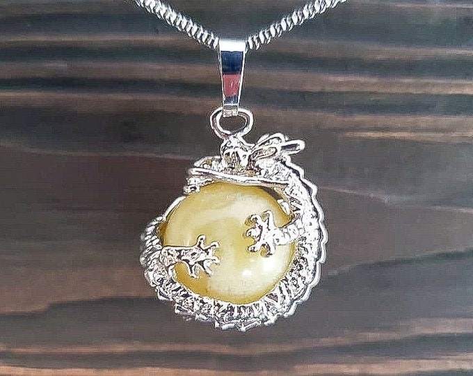 Mythical Yellow Jade Dragon Necklace | Hypoallergenic Yellow Jade Gemstone Fantasy Jewelry | Yellow Jade Dragon Necklace