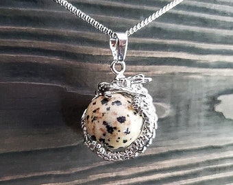 Mythical Light Dalmatian Jasper Dragon Necklace