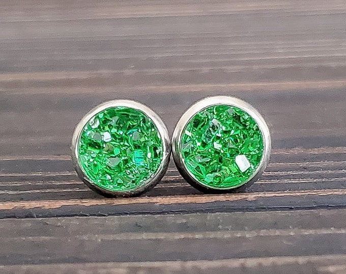 Small Green Druzy Earrings (8mm)