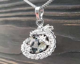 Mythical Dark Dalmatian Jasper Dragon Necklace