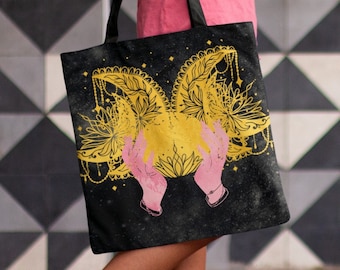 Crescent Moon Celestial Tote Bag | Gothic Tote Bag | Stars Witchy Canvas Bag | Halloween Tote Bag | Grocery Bag Tote