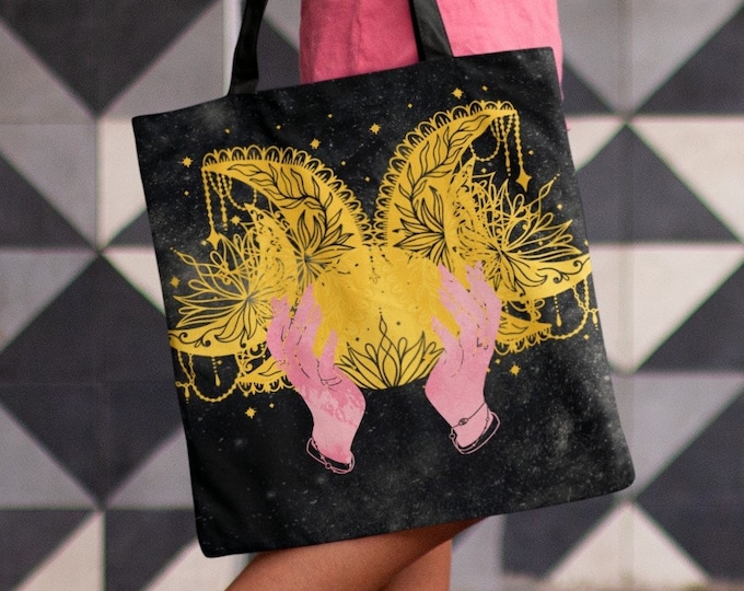Crescent Moon Celestial Tote Bag | Gothic Tote Bag | Stars Witchy Canvas Bag | Halloween Tote Bag | Grocery Bag Tote