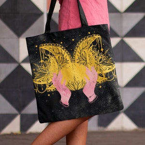 Crescent Moon Celestial Tote Bag | Gothic Tote Bag | Stars Witchy Canvas Bag | Halloween Tote Bag | Grocery Bag Tote