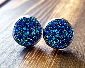 Titanium Blue Druzy Artisan Earrings (12mm)