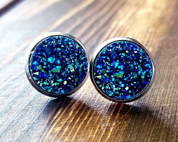Titanium Blue Druzy Artisan Earrings (12mm)