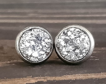 Small Silver Druzy Earrings (8mm) - Raw Druzy Studs - Post Earrings - Silver Gemstone Earrings - Silver Stud Earrings - Boho Stone Earrings