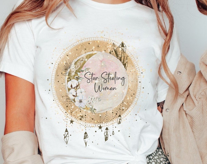 Star Stealing Woman Celestial Moon Shirt | Boho Hippie T-Shirt | Witchy Aesthetic Tee | Plus Size Crystal Tee