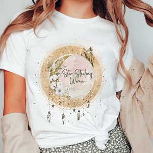 Star Stealing Woman Celestial Moon Shirt | Boho Hippie T-Shirt | Witchy Aesthetic Tee | Plus Size Crystal Tee