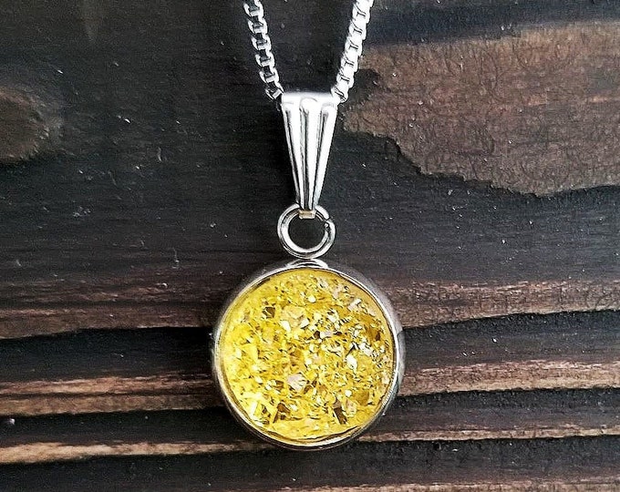 Small Yellow Druzy Geode Necklace (12mm)