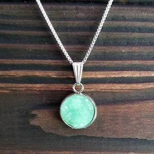 Small Titanium Green Druzy Necklace (12mm) | Layering Crystal Necklace | Hypoallergenic Necklace | Gemstone Geode Pendant Necklace