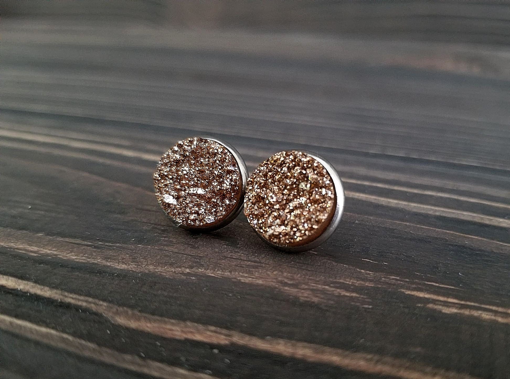 Hypoallergenic Crushed Gold Druzy Earrings (12mm)